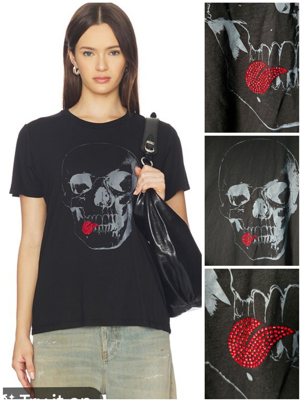 Lauren Moshi Crystal Tongue Skull wolf tee
